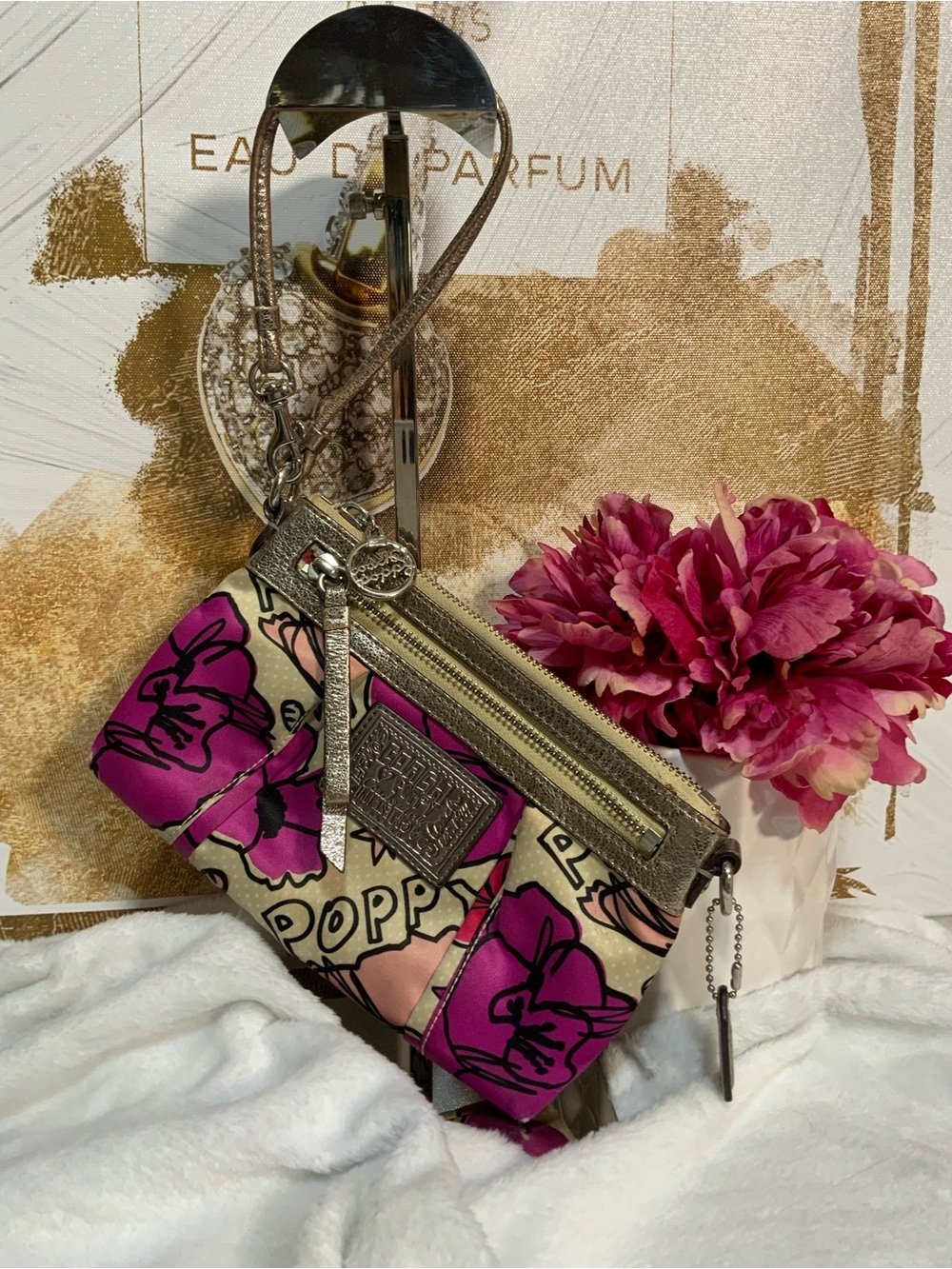 Coach Magenta and Cream Floral Poppy Wristlet